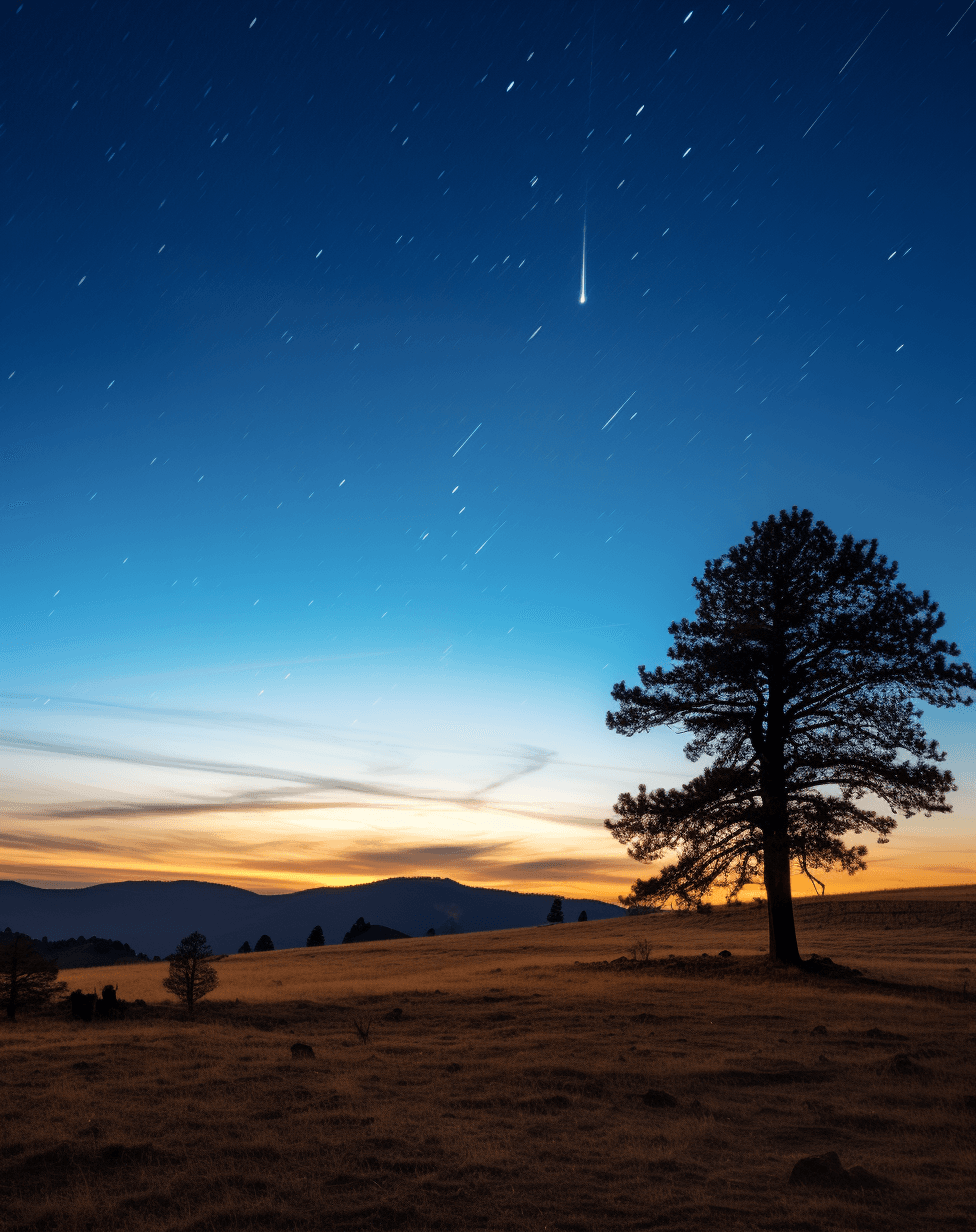 AI generated: Photo of the view from an open field at dusk, with the sky blue and clear, showing a tall dead tree ...