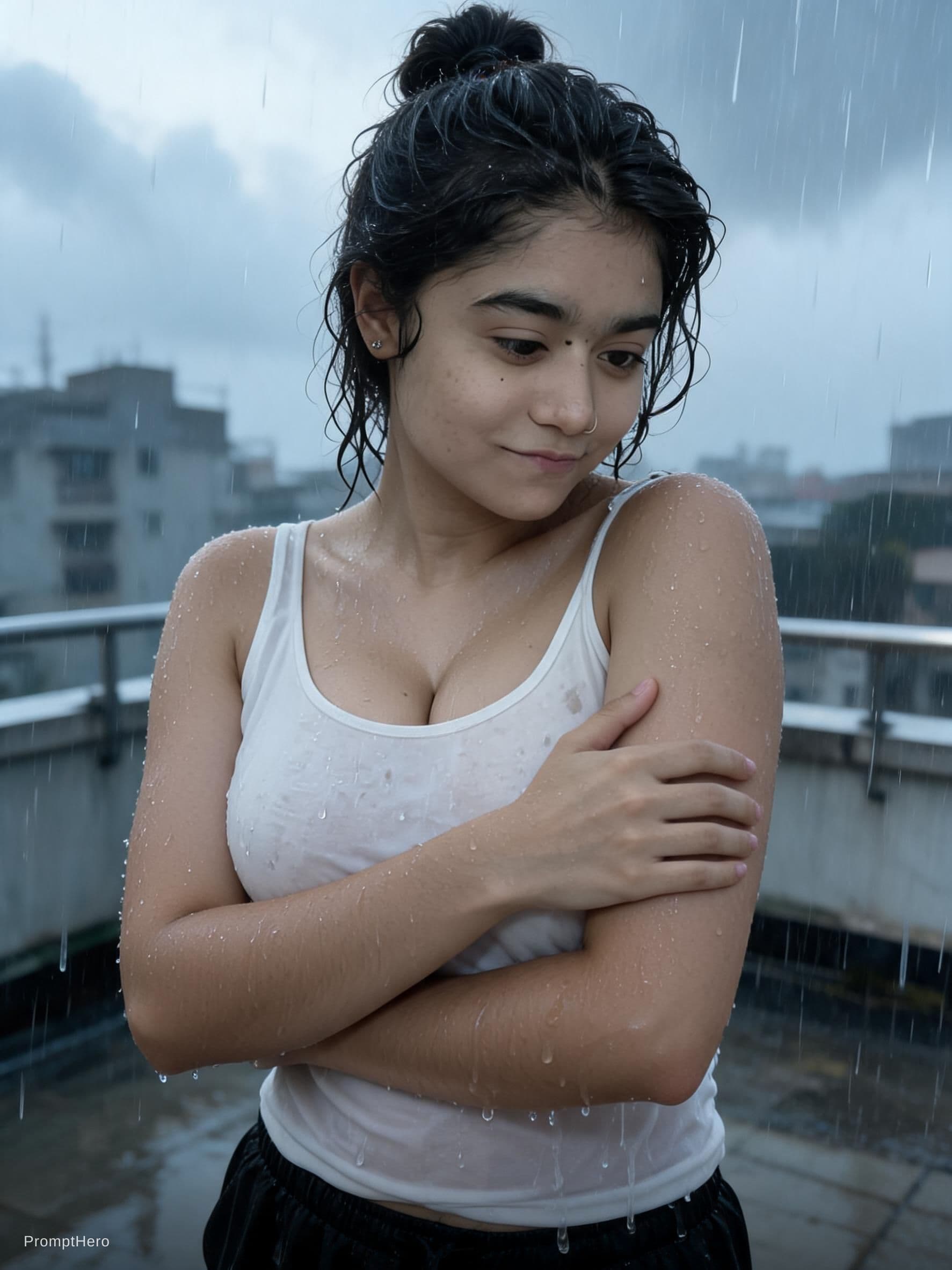 AI generated: Create an image Medium close-up portrait of a young South Asian woman standing outdoors in the rain....