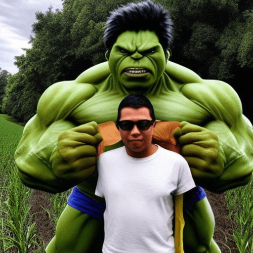 AI generated: Hulk is hoeing the rice fields, beside him there is a farmer plowing the fields, mountain view