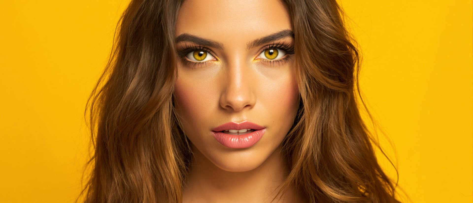 AI generated: photography, upper body, yellow hue, woman model, solid yellow backdrop, yellow eyes detailing, usin...