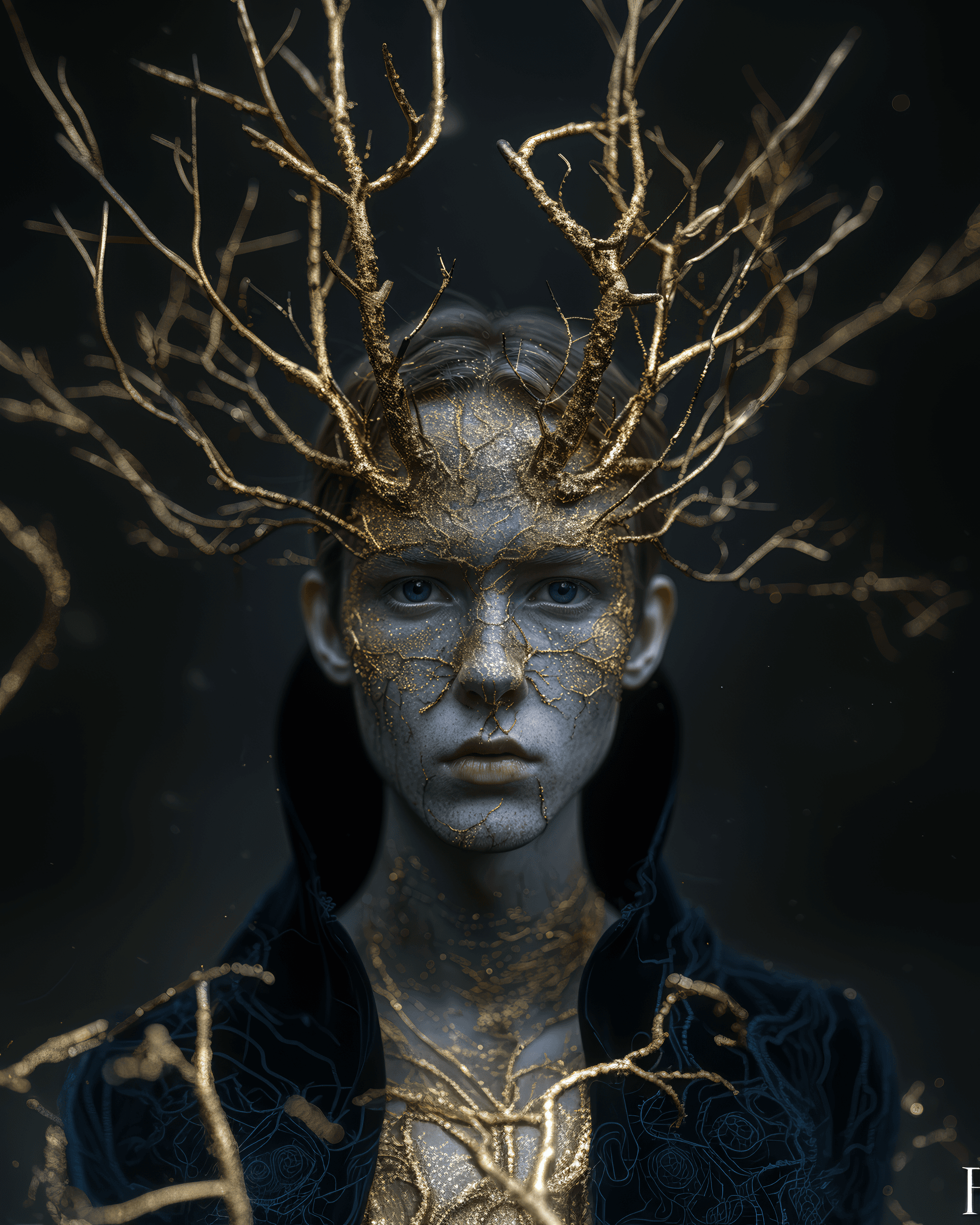 AI generated: figoores: The reincarnation of the human fly, absurd photography style, gold filigram horns, 3d, fin...