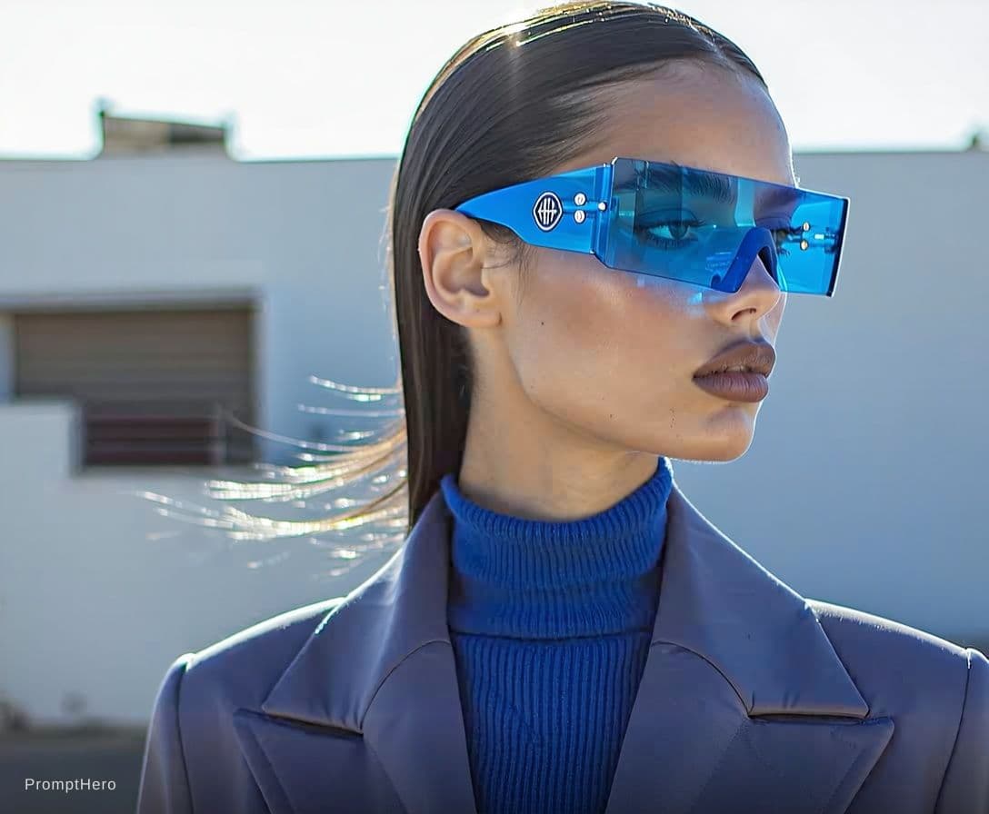 AI generated: Fashion shoot, Jacquemus and Moncler collaboration: dark blue translucent futuristic sunglasses, hyp...
