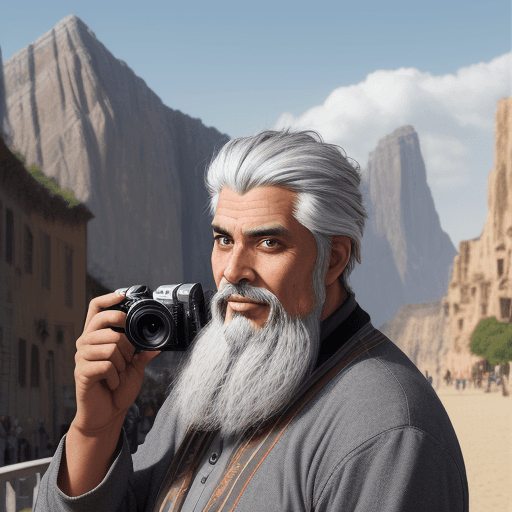 AI generated: a gray hair with goatee tall wondering nomad, holding a camera, with discovery of the world's wonder...