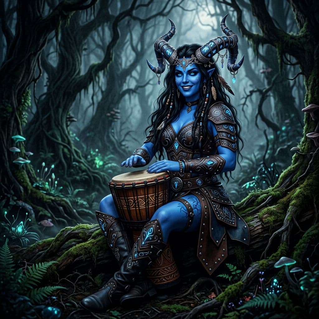 AI generated: a beautiful female demon with blue skin and black hair, ornately decorated devil horns and wearing i...