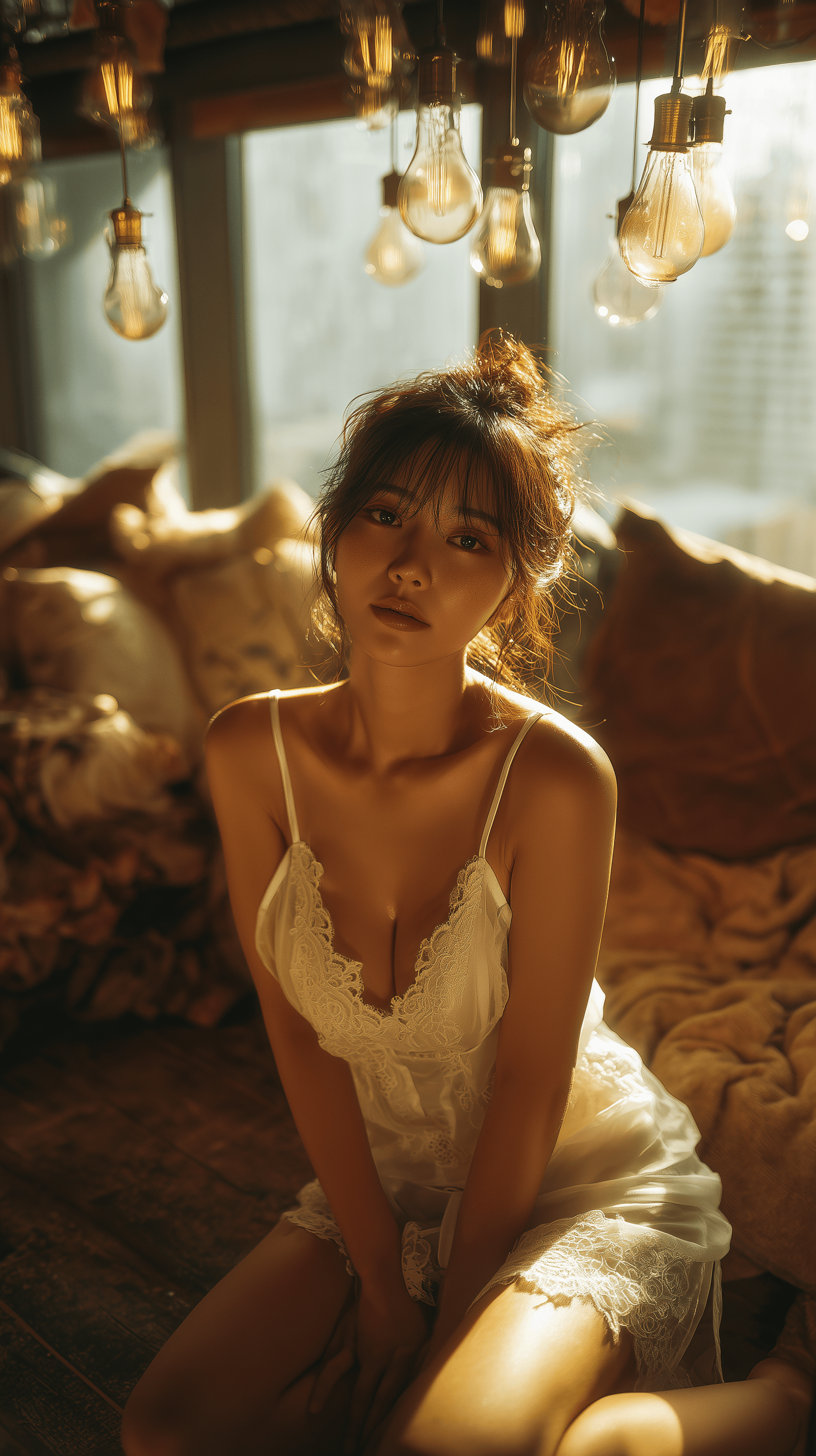 AI generated: A 8K photo of a beautiful young Korean woman with wavy brunette hair tied loosely in a bun, sitting ...