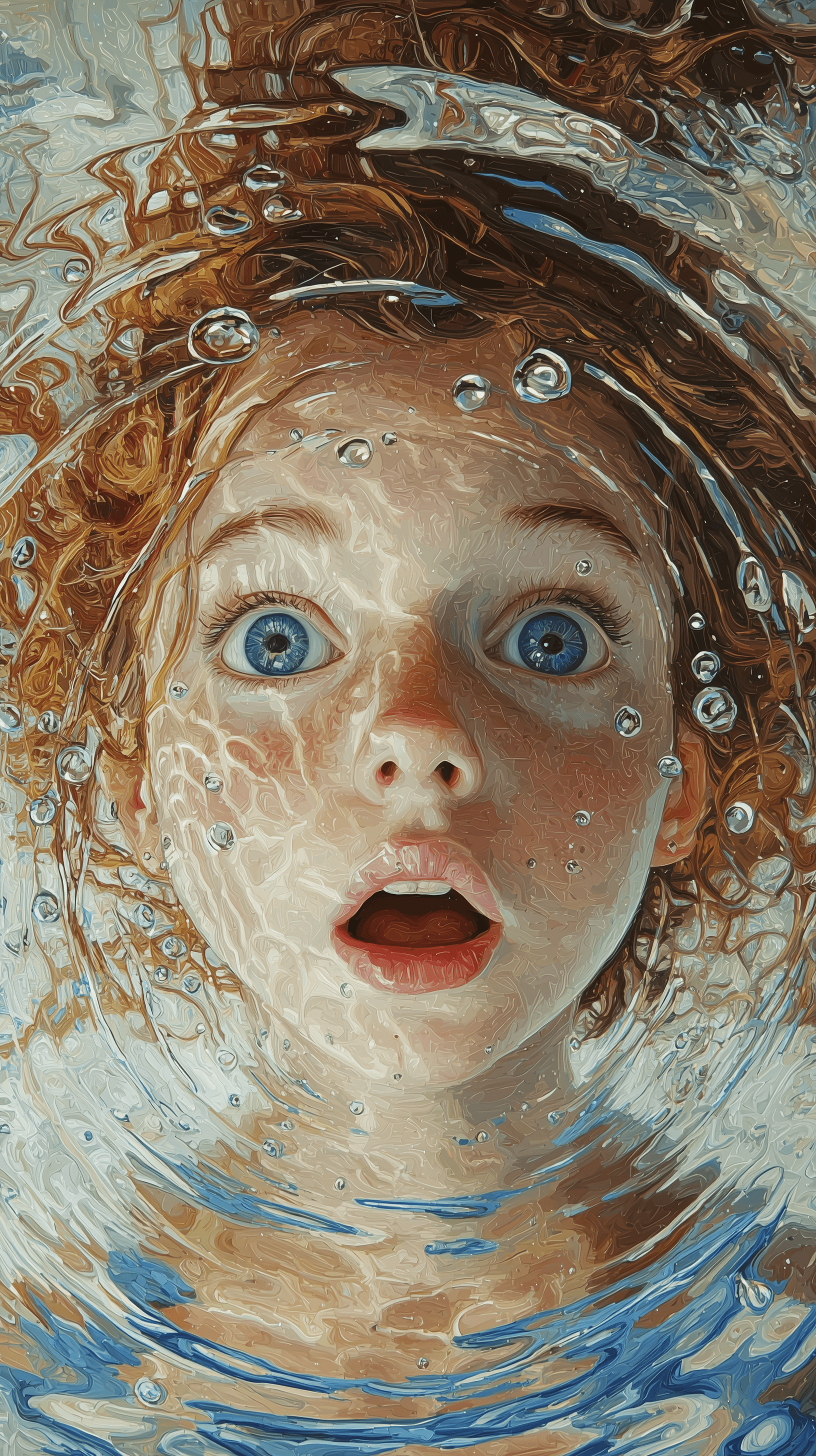 AI generated: fisheye effect circular composition oil painting, central close-up of a girl's face with large eyes,...