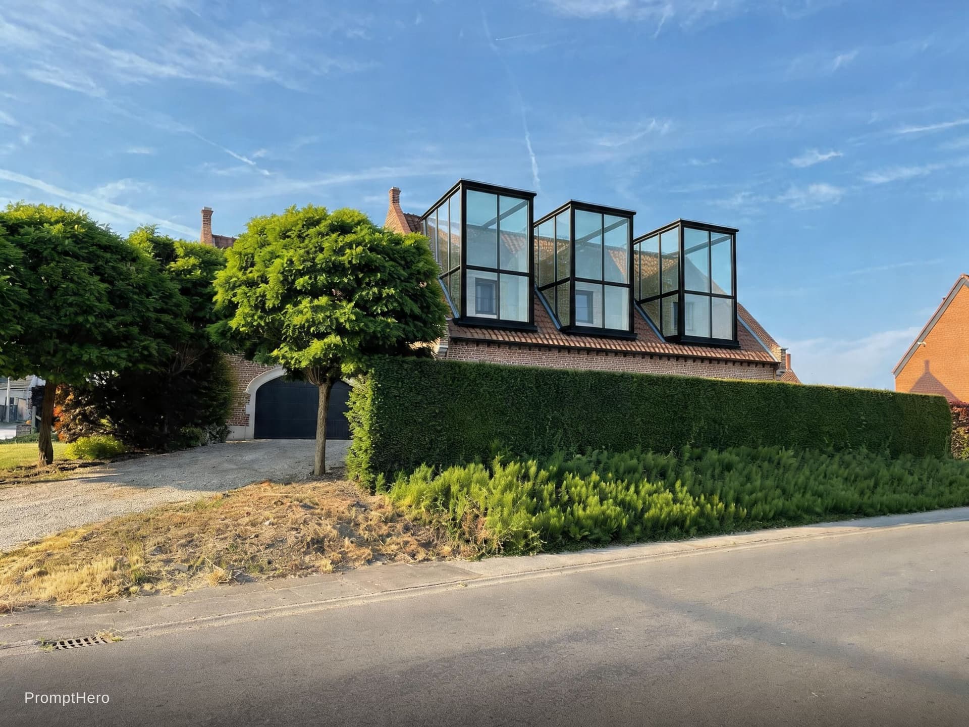 AI generated: create a glass section on the house, on top of the windows, so the windows are still visable, modern...