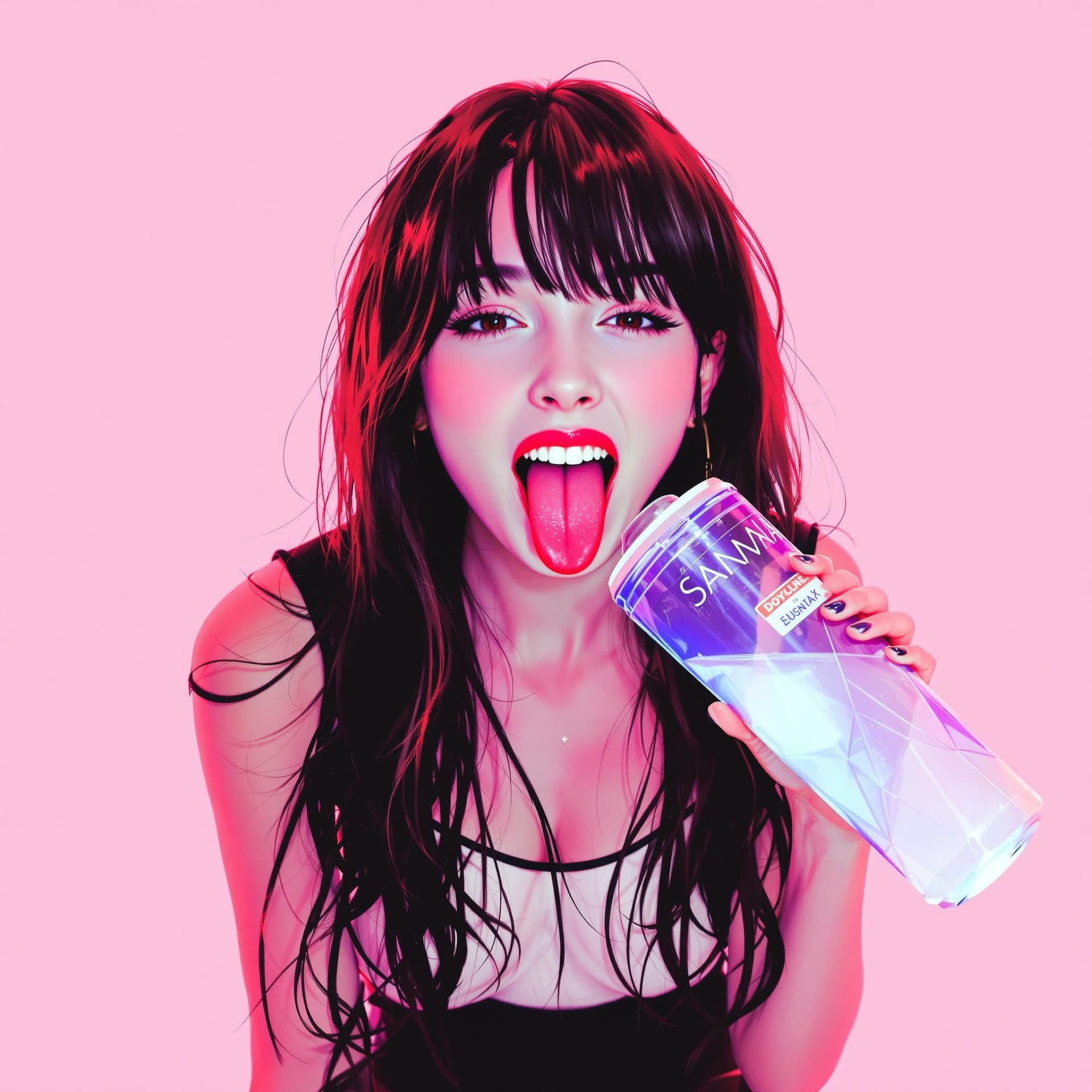 AI generated: girl, tongue out, salive going out, all body on the screen, other girl drinking her salive