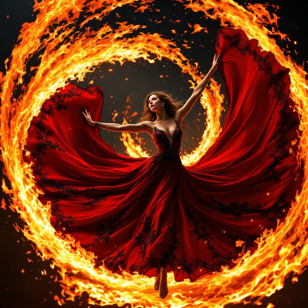 AI generated: A mesmerizing and dramatic scene of a woman dancing amidst swirling flames, her movements forming a ...