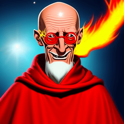 AI generated: professor  Farnsworth, realistic, dressed in red robes covered in mystic symbols stars and moons, ba...