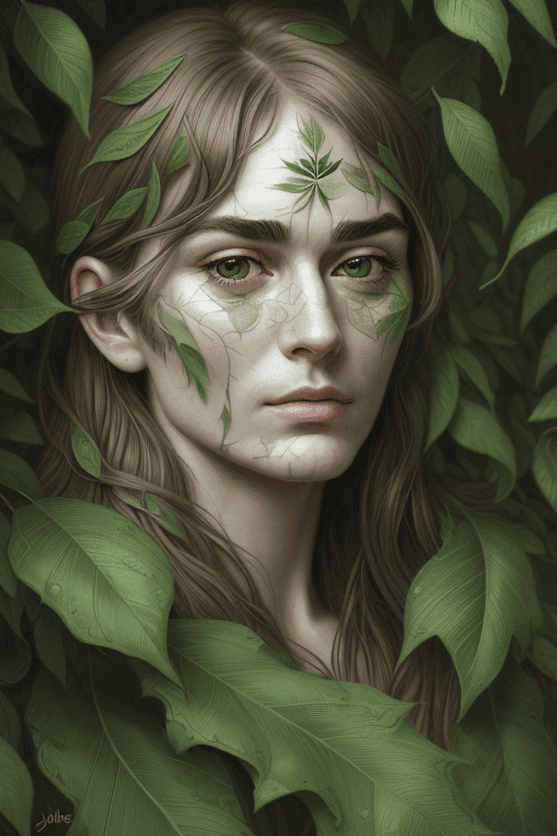 AI generated: pensive face made entirely of tree leaves, John Lenon's face, the face slowly fades, detailed lips, ...