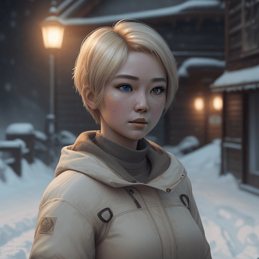 AI generated: ultra detailed, detailed, girl with short hair blonde, natural, realistic, cinematic, light, snow, a...