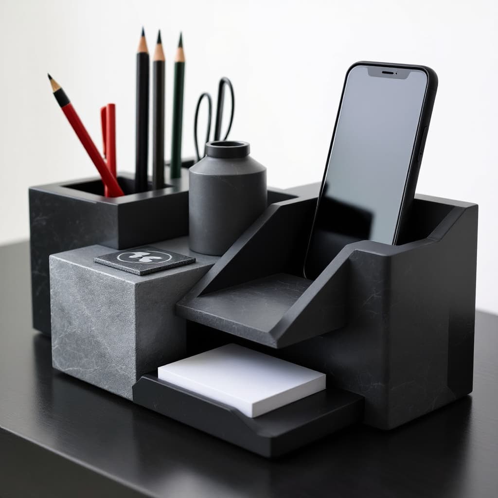 AI generated: A striking, avant-garde desk organizer with a sculptural, monolithic design. Made from raw concrete,...