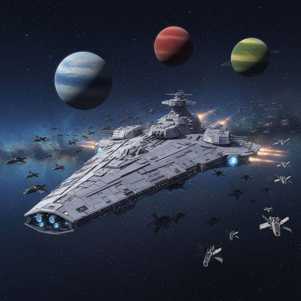 AI generated: Large Spaceship leading an army of mini spaceships from behind, gliding through space, planets as ba...