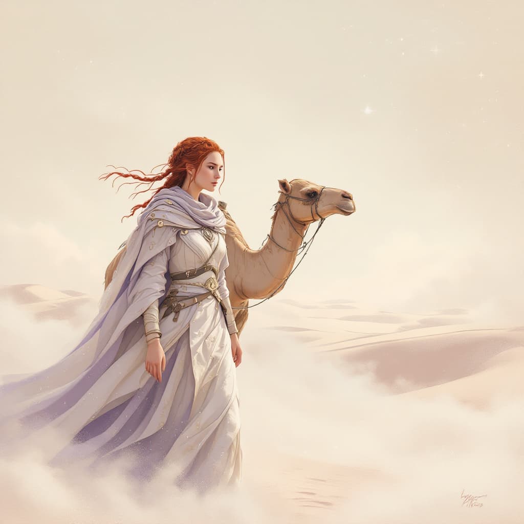 AI generated: A lone red-haired warrior woman with braided hair and facial scars, wearing soft, hand-drawn medieva...