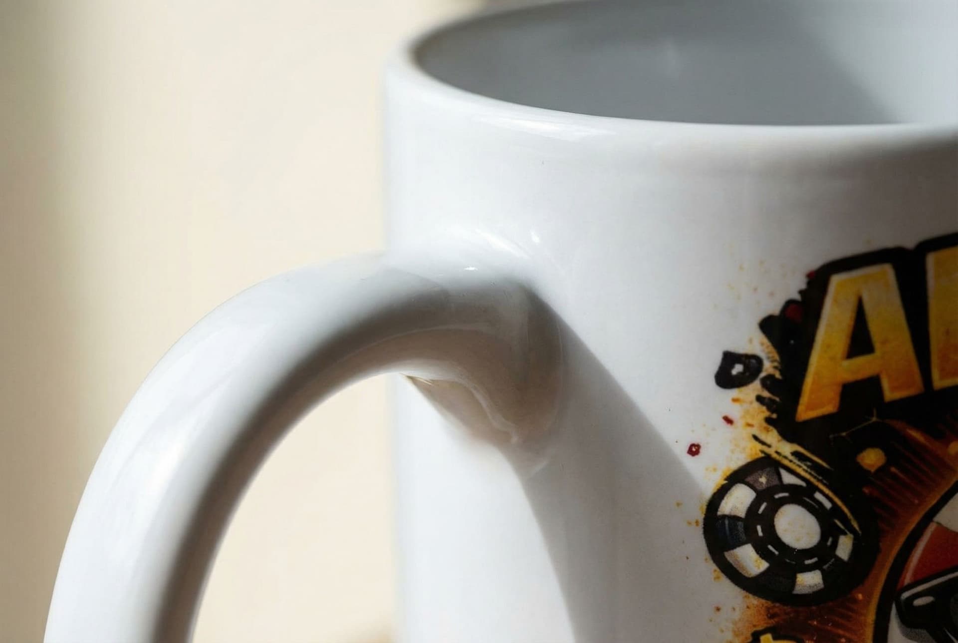 AI generated: Macro photograph of a ceramic mug handle and rim, 
showing smooth glaze texture and thickness, 
soft...