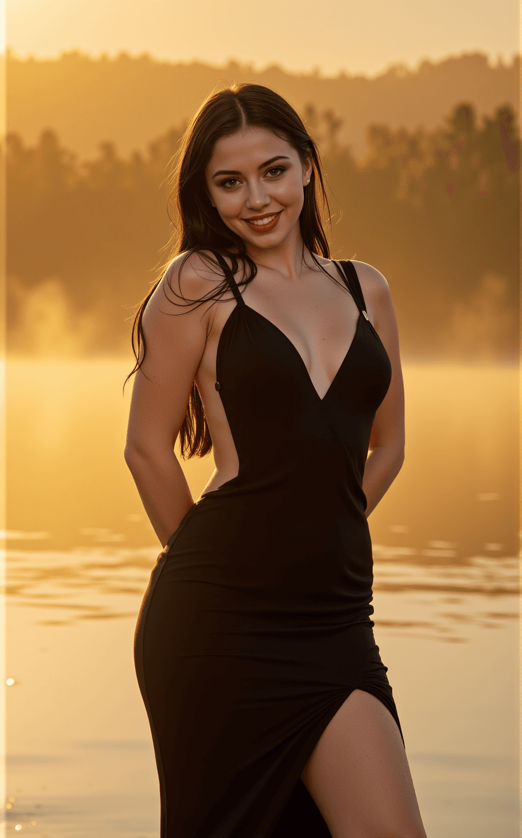 AI generated: Full-body portrait of a radiant, curvy young tween female with long, flowing black hair, posing conf...