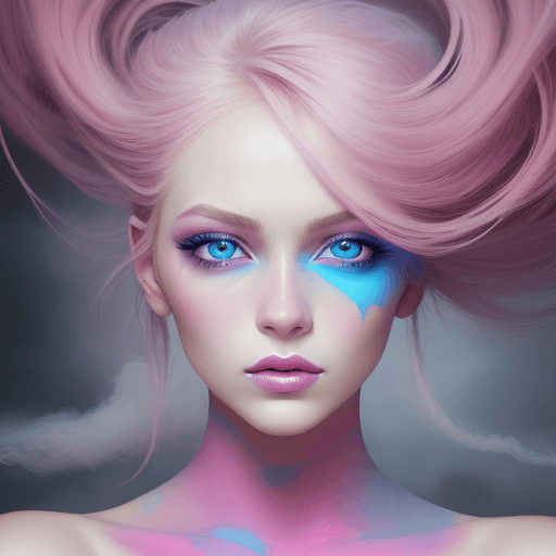 AI generated: portrait of a woman covered in cloud of smoke, blue eyes, whirlwind, pink highlight colors, pink mak...
