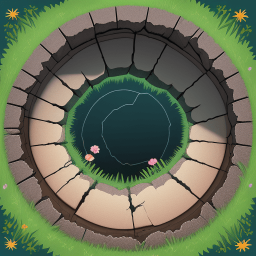 AI generated: A cute and animated style image of a deep hole with cracks, with many flowers and grass around it 