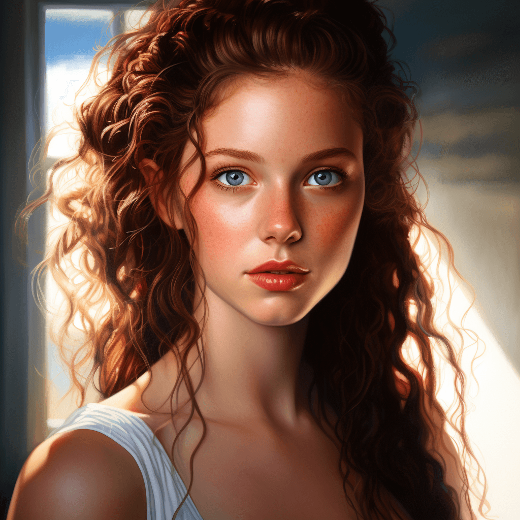 AI generated: Portrait of a beautiful young woman with blue eyes, long curly hair, Dark hair, hair tied in a bun, ...