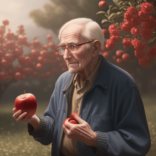 AI generated: a old man holds an apple. the apple is red in color. the girl says it is good. cinematic. 8k. the ba...