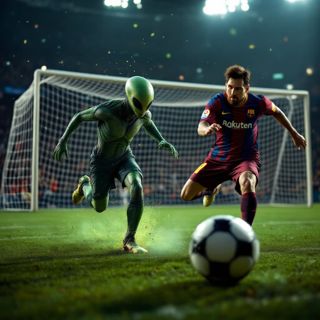 AI generated: Lionel Messi playing football and scoring a goal against a green martian with a classic green alien ...