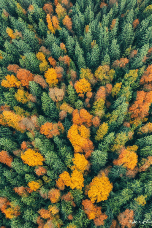 AI generated: bird view of a foggy forest | autumn colours | pine trees | oak tree | 35mm photograph
