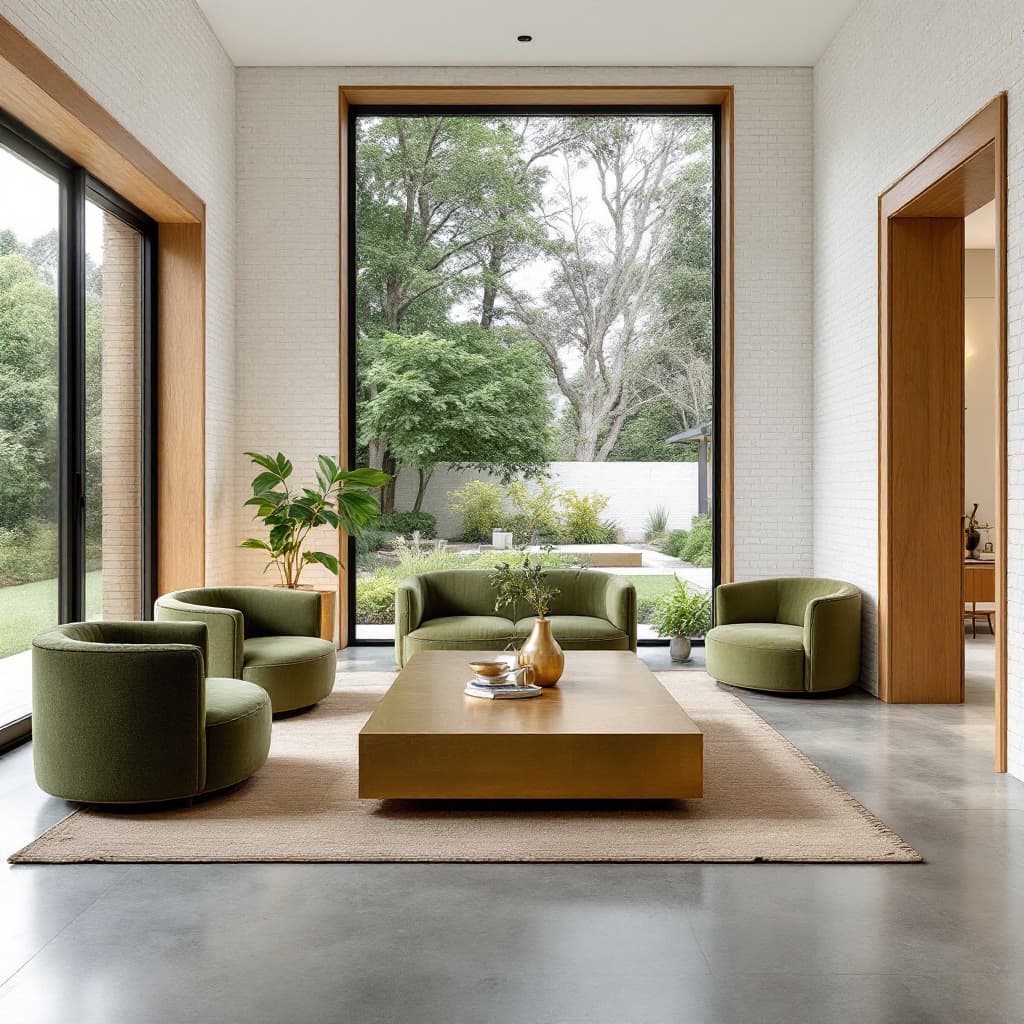AI generated: living area framed by large floor-to-ceiling windows that showcase a serene garden view, interior in...
