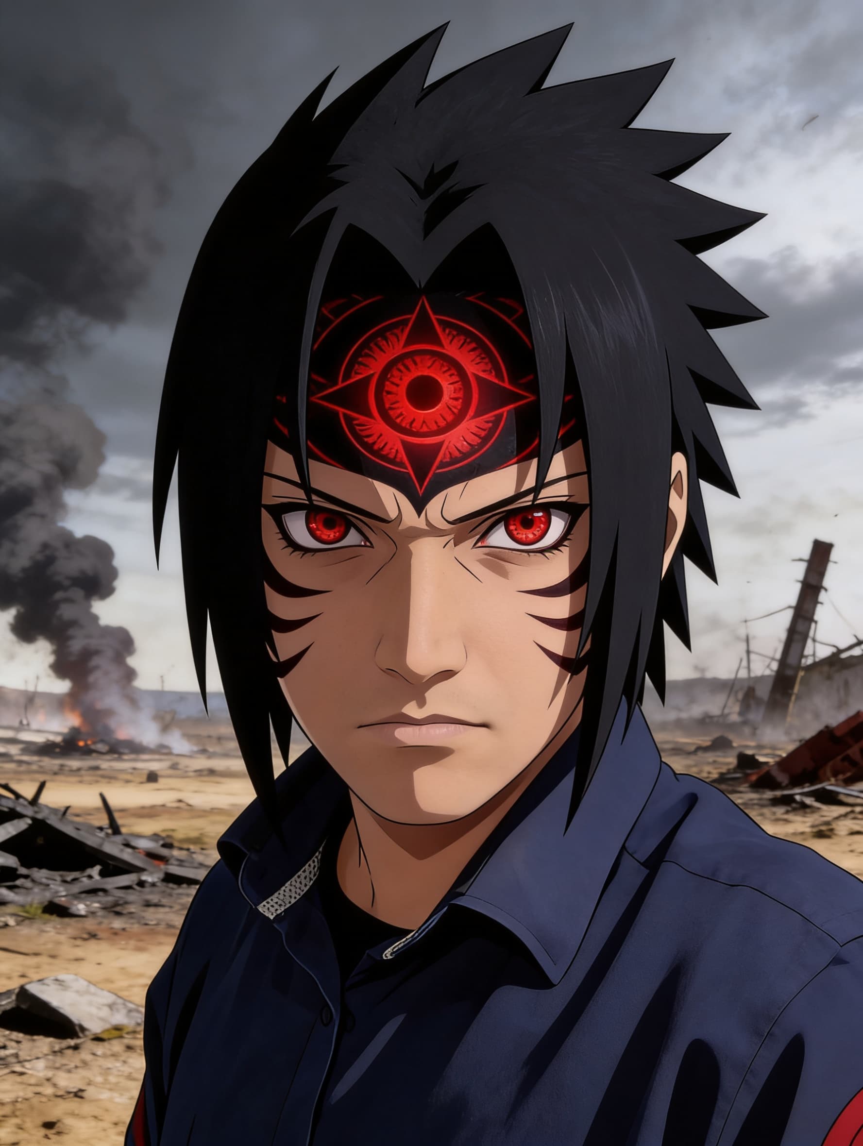 AI generated: A dramatic portrait of Itachi Uchiha from "Naruto" with his Sharingan activated, capturing his stern...