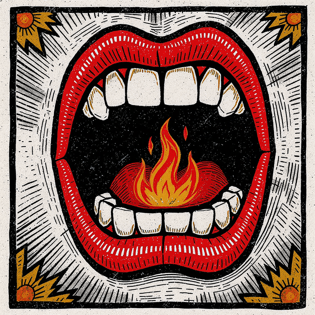 AI generated: A lino cut–style illustration of a cartoon mouth, wide open with big teeth and a flame inside. The s...