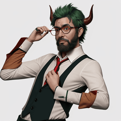 AI generated: Drawing of a nervous looking man with 3D glasses, red horns, tan skin, and messy green hair. He also...