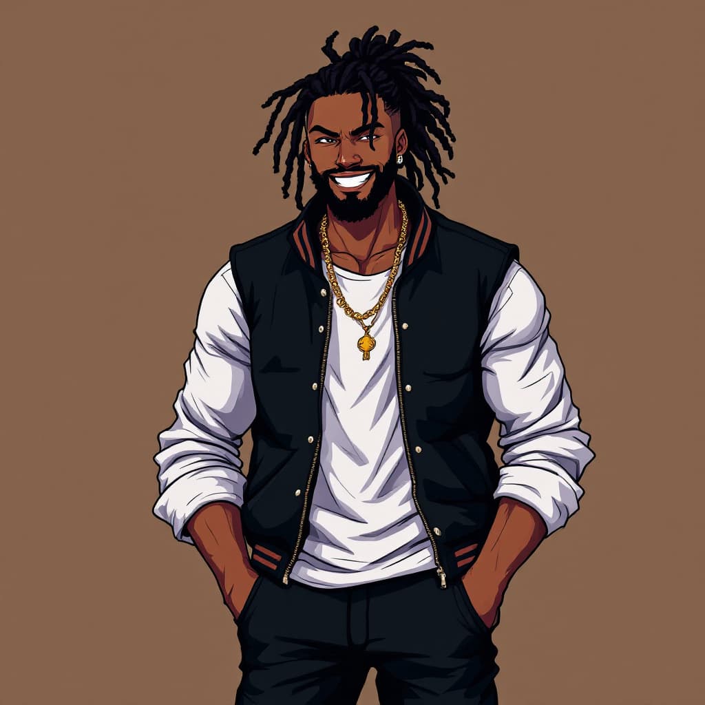 AI generated:  pixel art style of a black male with Espresso skin tone with dread locs full beard in a ponytail , ...