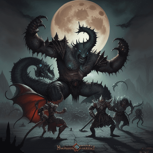 AI generated: a group of monsters attacking each other in front of a full moon in the background, warhammer fantas...