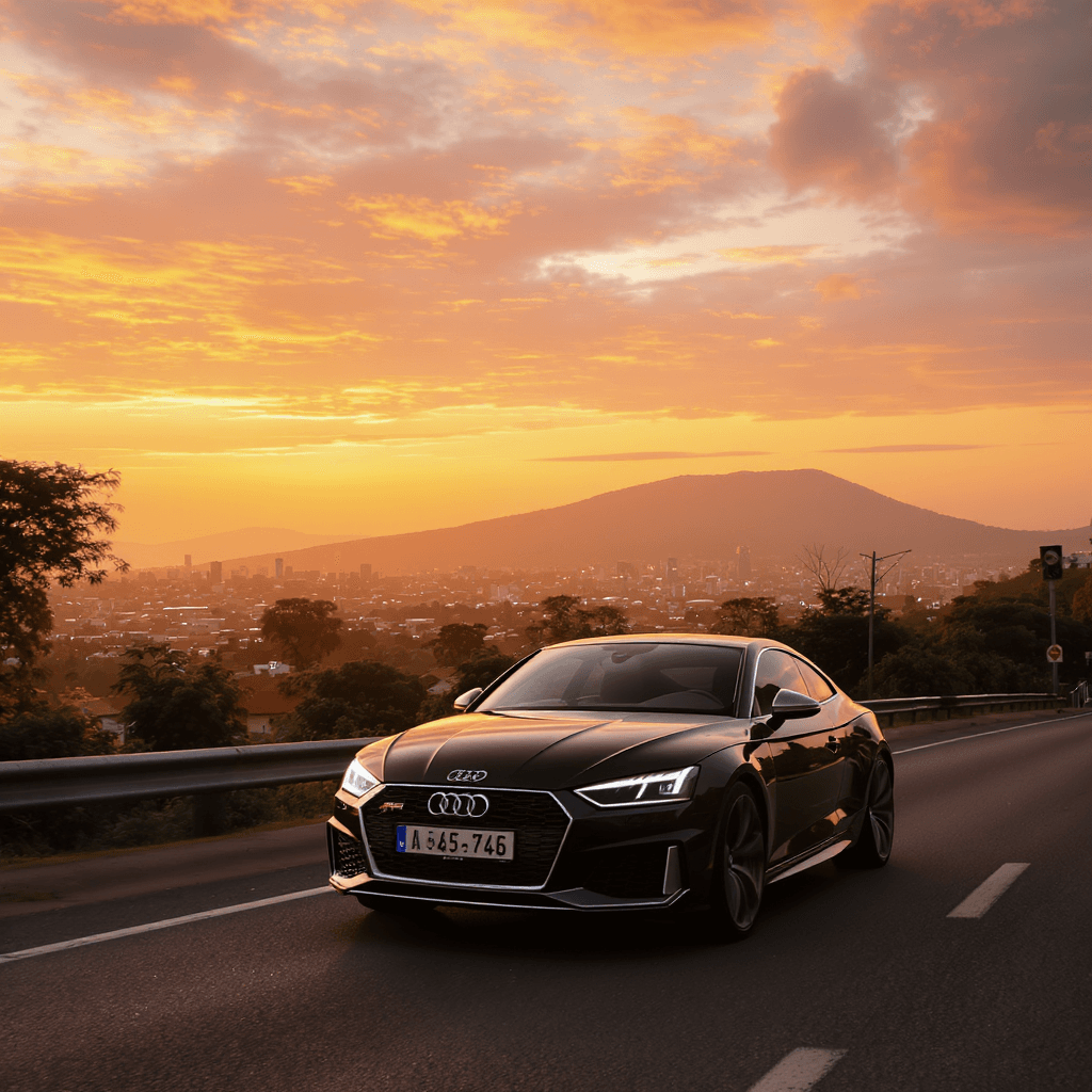 AI generated: An audi car on a kigali street, ((beautiful sunset)), cityscape in the background