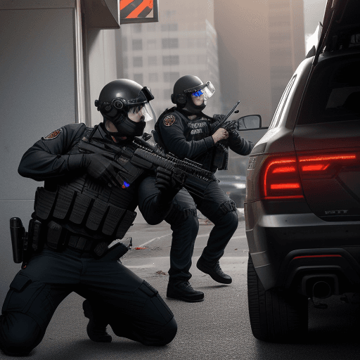 AI generated: Photo of a hyper-realistic SWAT Officer engaged in a gun fight with multiple attackers in an urban l...