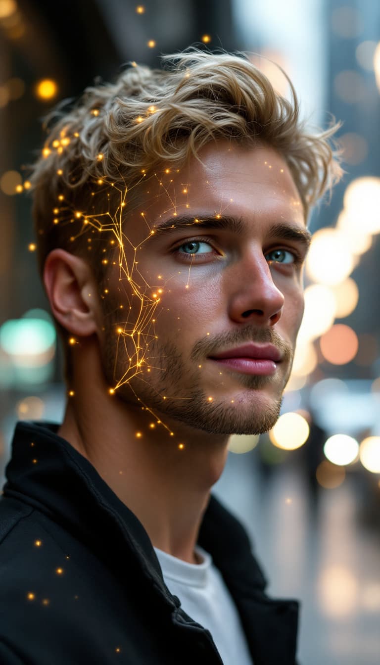 AI generated: 
We see a bland man's face and shoulders, facing us. Clean shaven. He is 24 years old. A hyperrealis...