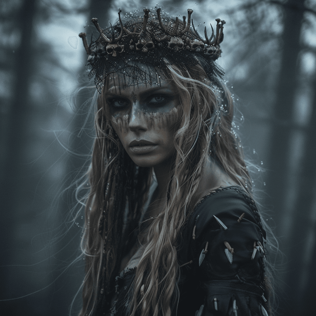 AI generated: a shaman woman wearing black and standing in a dark forest. There is a crown of bones around her hea...
