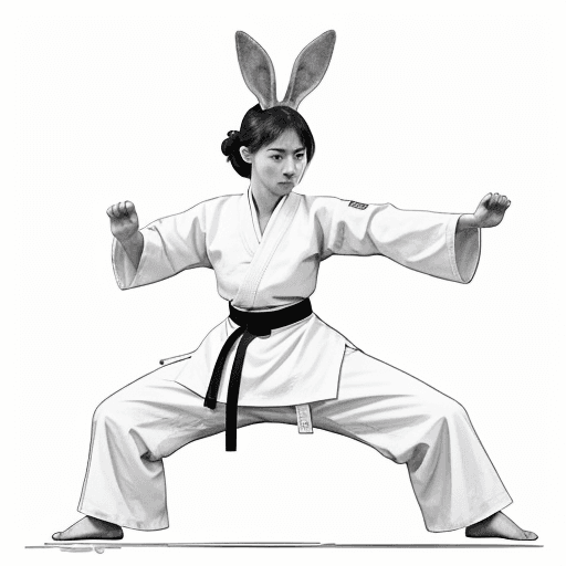 AI generated: sketch, no color, cartoon, line art, rabbit woman, monk, martial arts pose