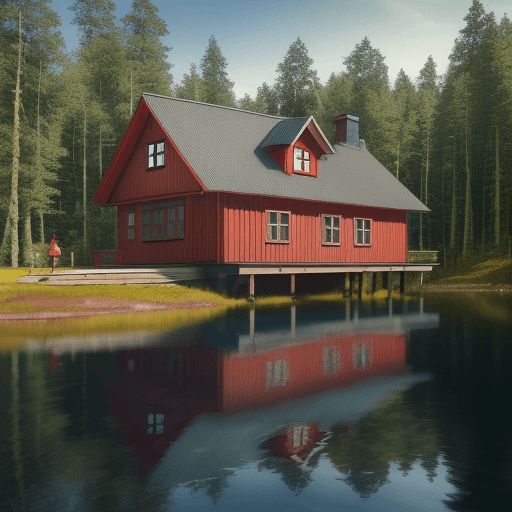 AI generated: Large red timber cottage in Finnish forest, lake in the background, 1960, green roof, chimney, large...