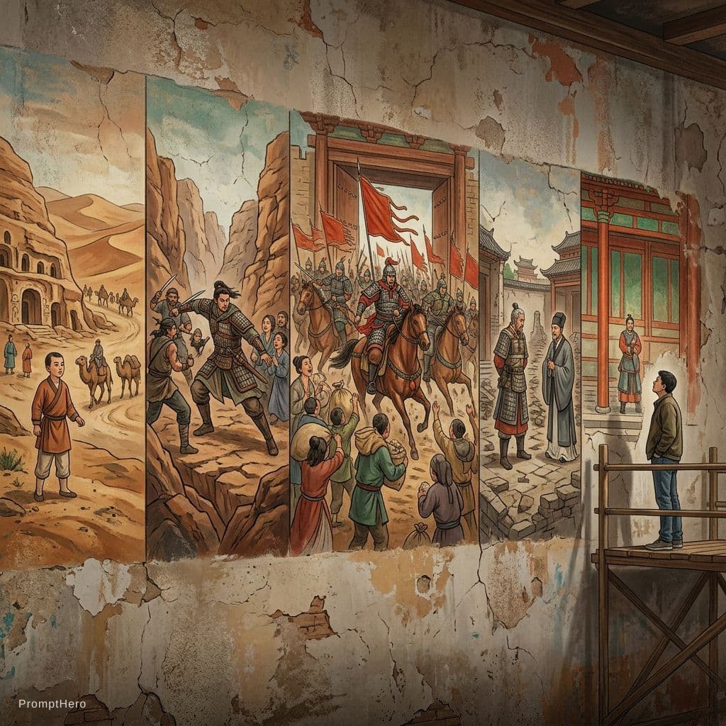 AI generated: **Prompt:**
A massive horizontal narrative mural in the style of Late Tang Dynasty Dunhuang frescoes...