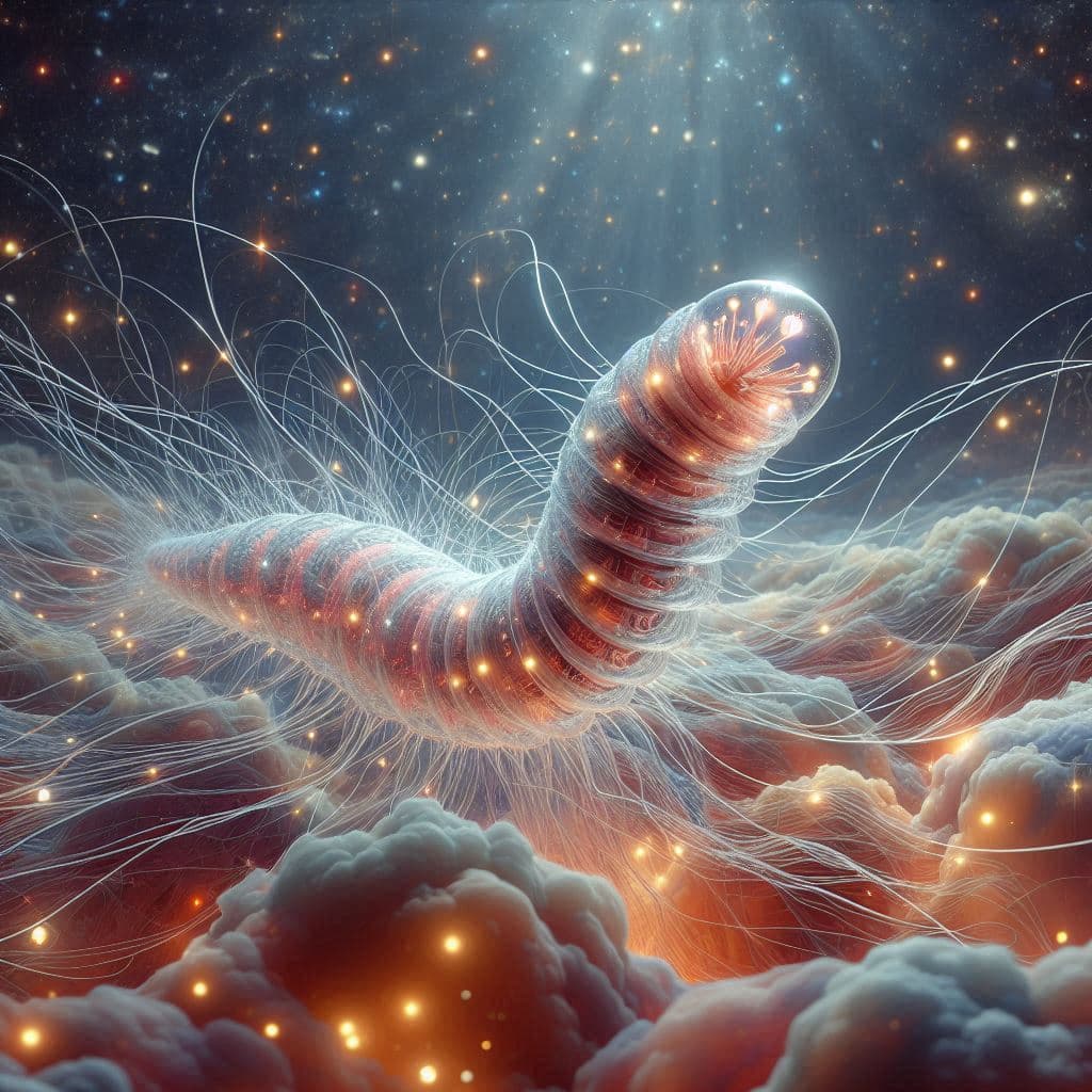 AI generated: In the foreground is a dark cocoon made of bioluminescent material with wormlike shapes. The hairy u...