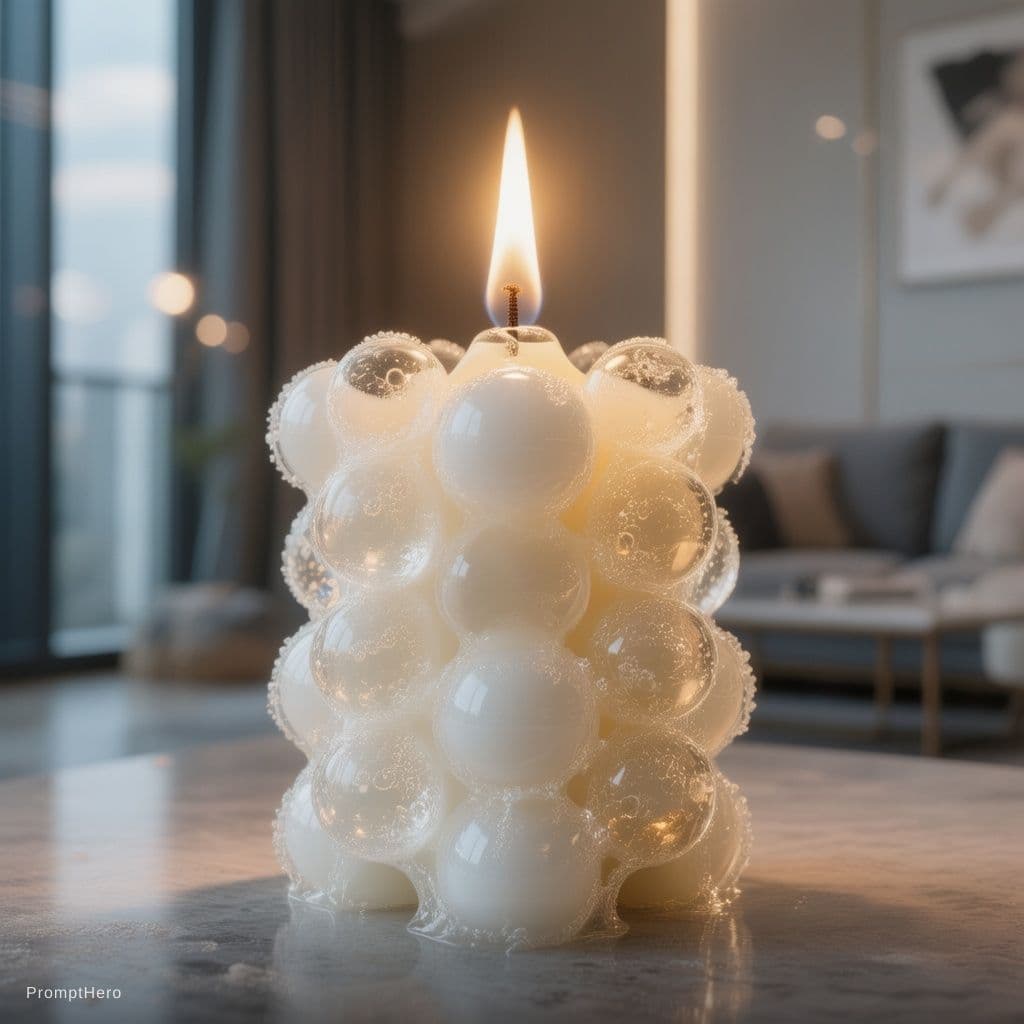 AI generated: Extreme close-up of a lit bubble candle, ultra realistic wax texture, detailed melting edges, natura...