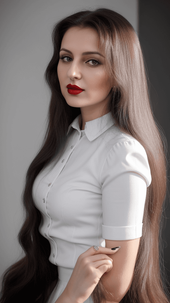 AI generated: arafed woman with long hair and white lipstick posing for a picture, ekaterina, profile image, red l...