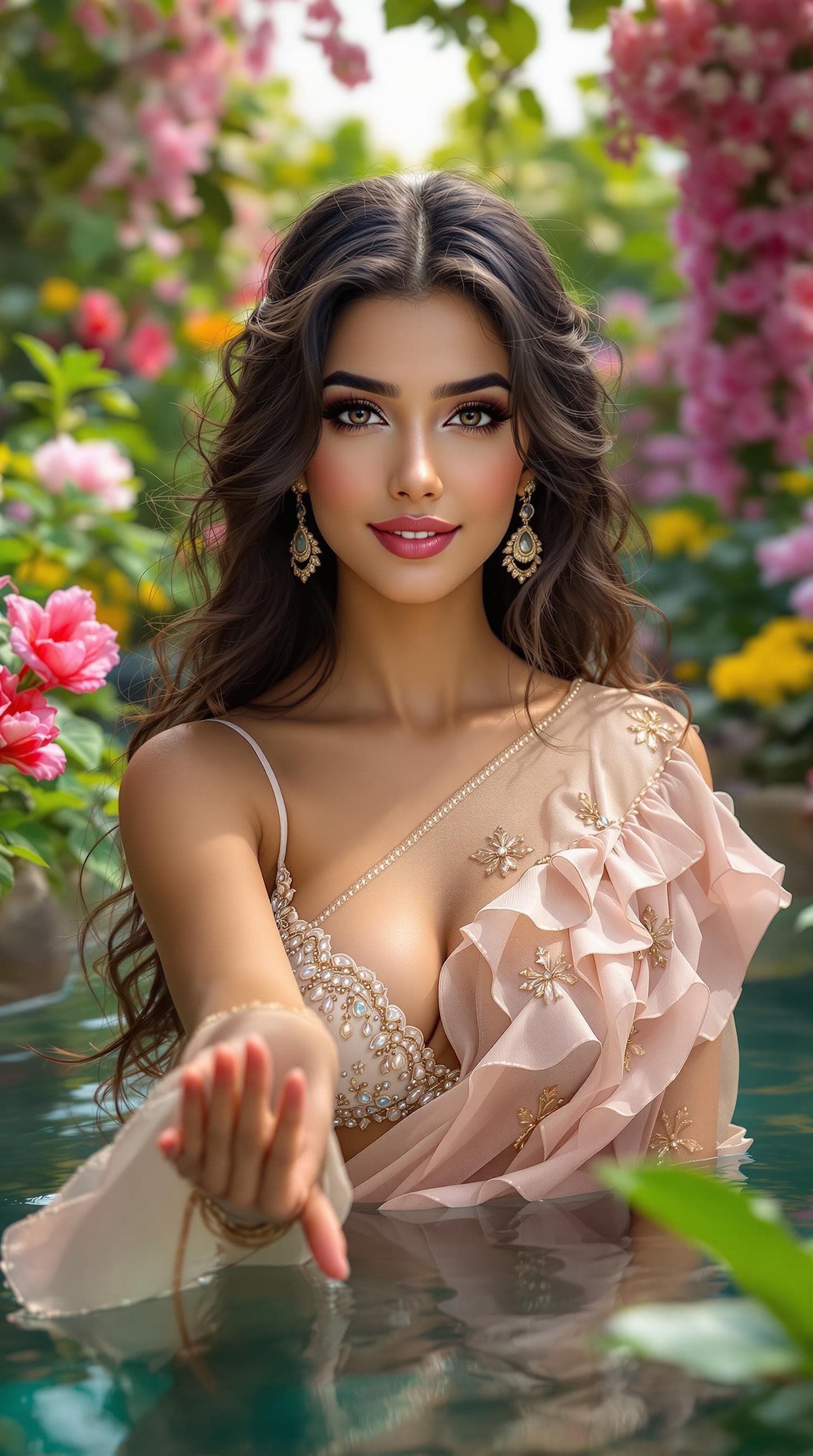 AI generated: 1 Heavenly beautiful
cute and sweet looking face Arabian woman in floating garden, Heavenly beautifu...