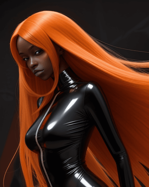 AI generated: Orange long hair. dark skin, Woman, latex, high tech