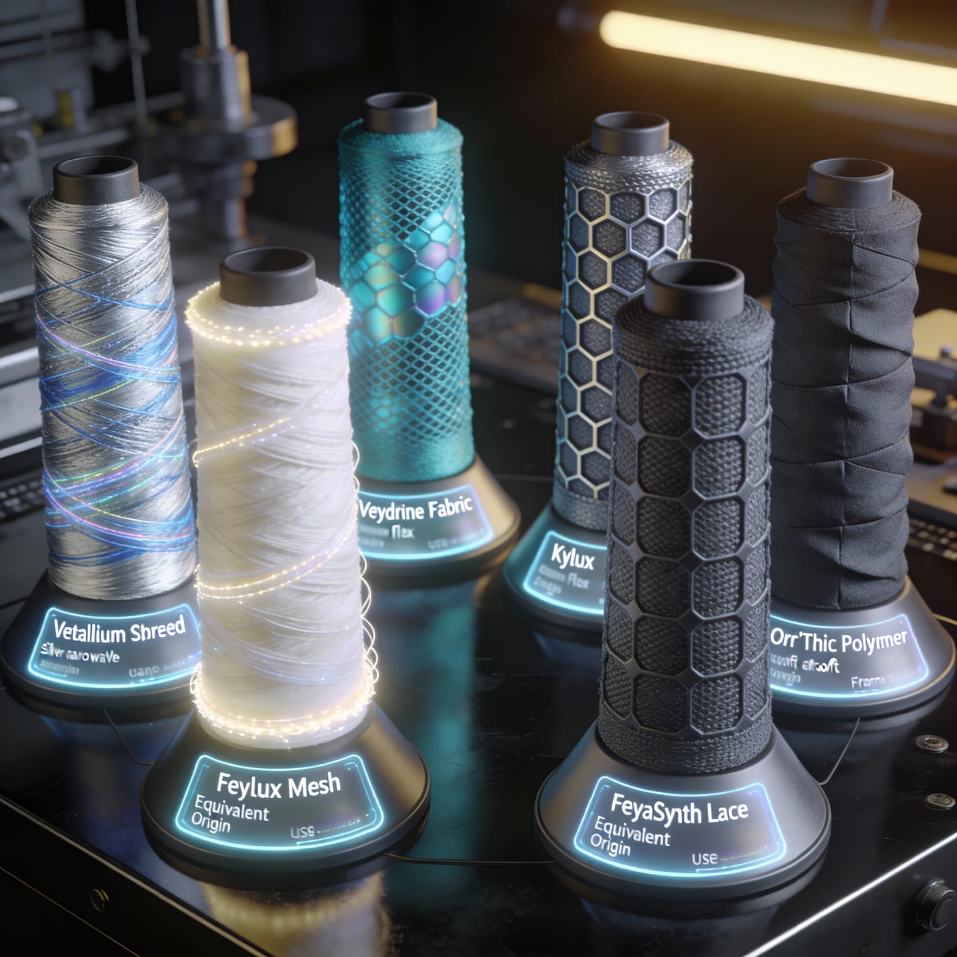 AI generated: Create spools of wire, thread, and linens for the creation of garments for futuristic clothing to a ...