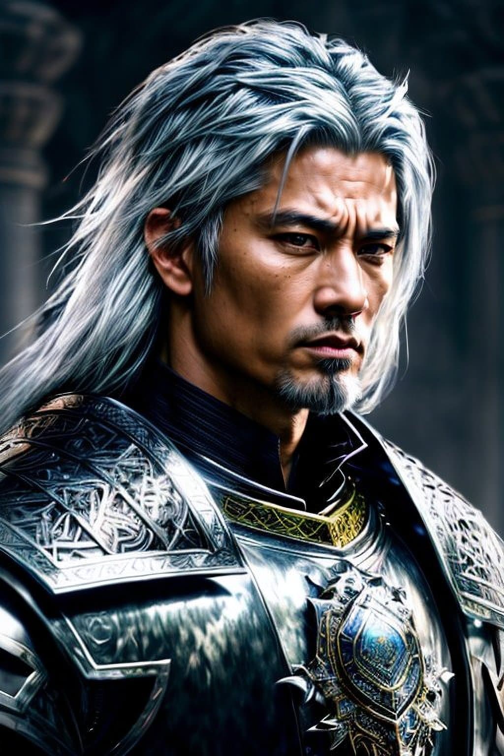 AI generated: medieval fantasy portrait armored handsome male asian warrior ((auras wrath)) fantasy castle bright ...