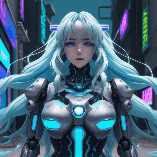 AI generated: A cyberpunk anime illustration of a beautiful robot shewarrior with long wavy light blue hair, in a ...