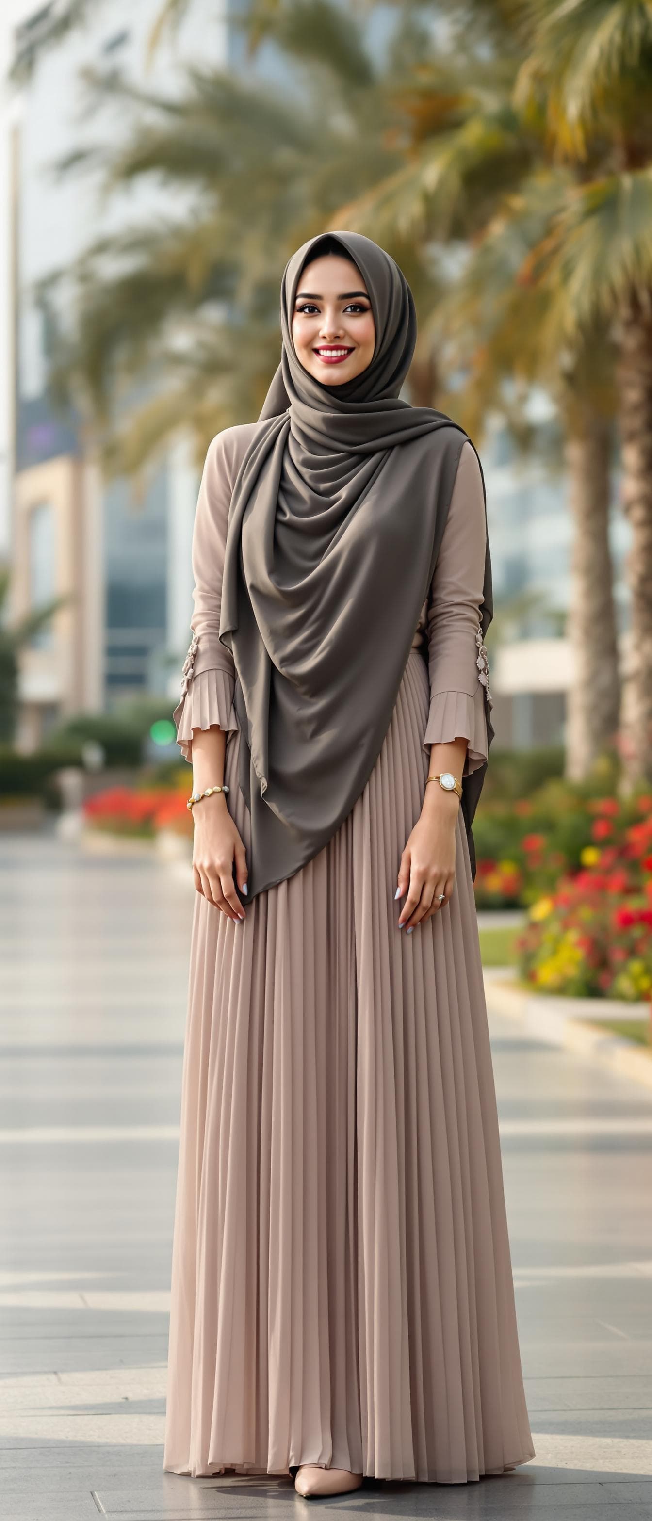 AI generated: realistic, beautiful Arabian woman, beautiful girl, shot front middle, full body, happy, wear beauti...