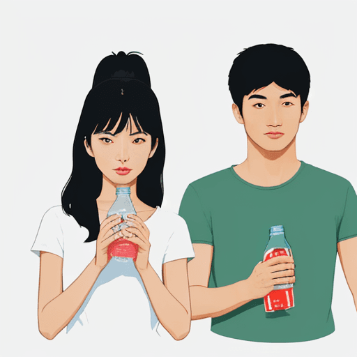 AI generated: A flat illustration of 2 asian women and 1 asian man happily drinking PET bottle drink togher,The ch...